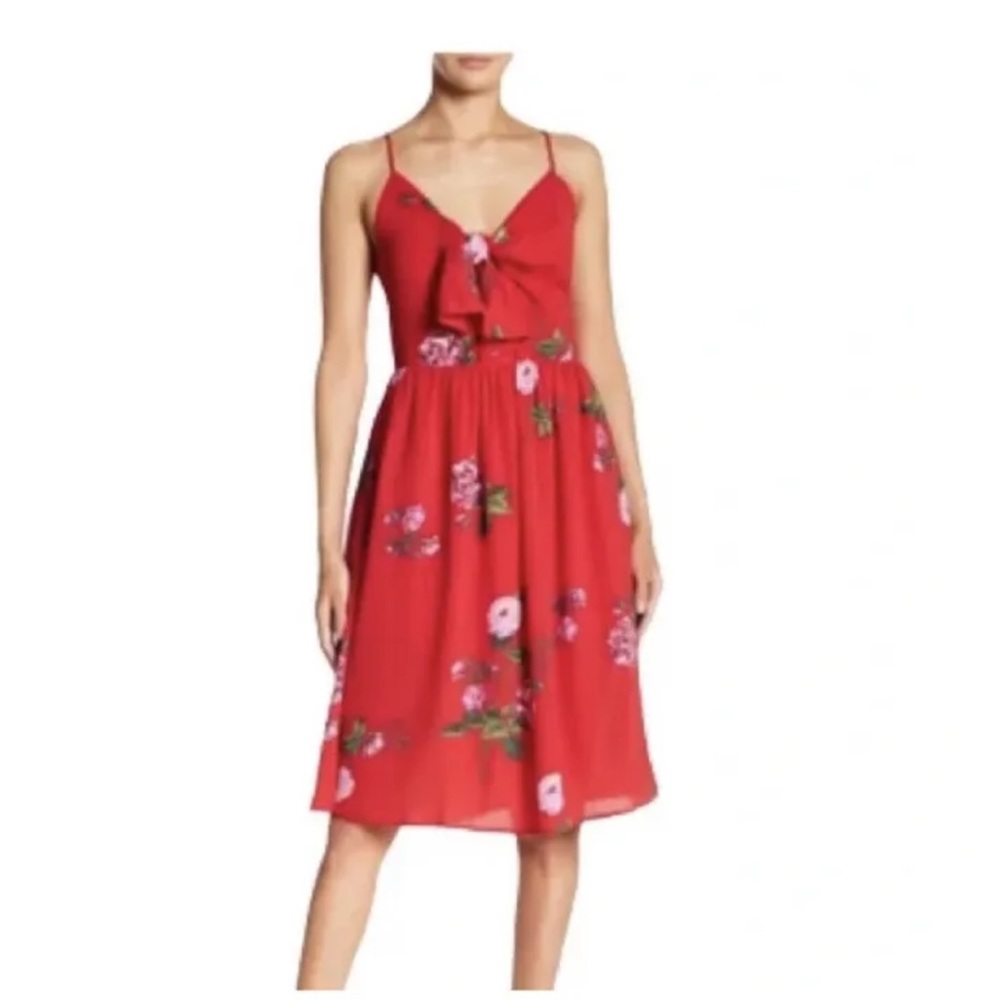 Free Press Clothing Medium Red Floral Sun Dress Spaghetti Strap Tie Front